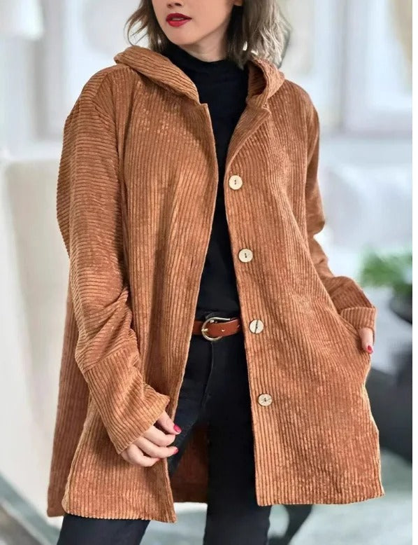 Tezila - Elegante Cappotto in Velluto a Coste Con Cappuccio