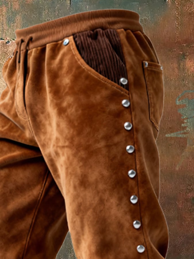 Overton - Pantaloni Vintage Da Avventura Outdoor In Velluto a Coste Con Cuciture e Nappine