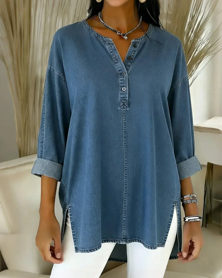 Yenara - Top in Denim con Bottoni e Scollo a V