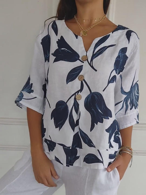 Despoina - Elegante Top Con Stampa Floreale e Bottoni