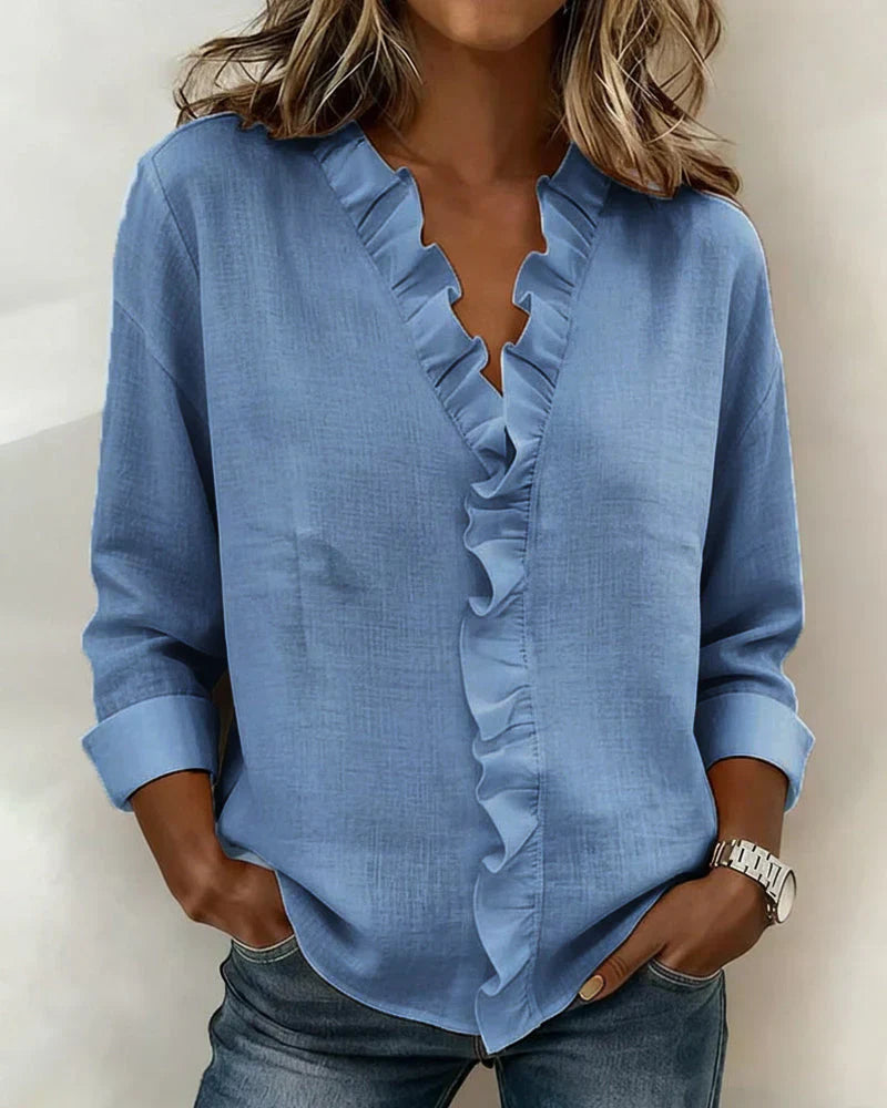Pabasari - Elegante Camicetta Con Scollo a V e Delicate Balze