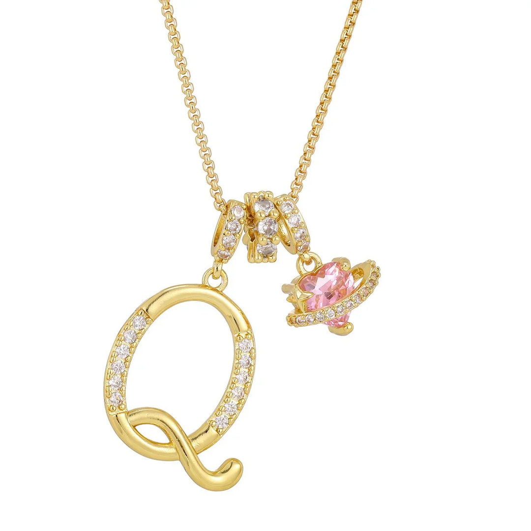 Nerute - Collana Con Iniziale e Ciondolo a Forma di Cuore Rosa