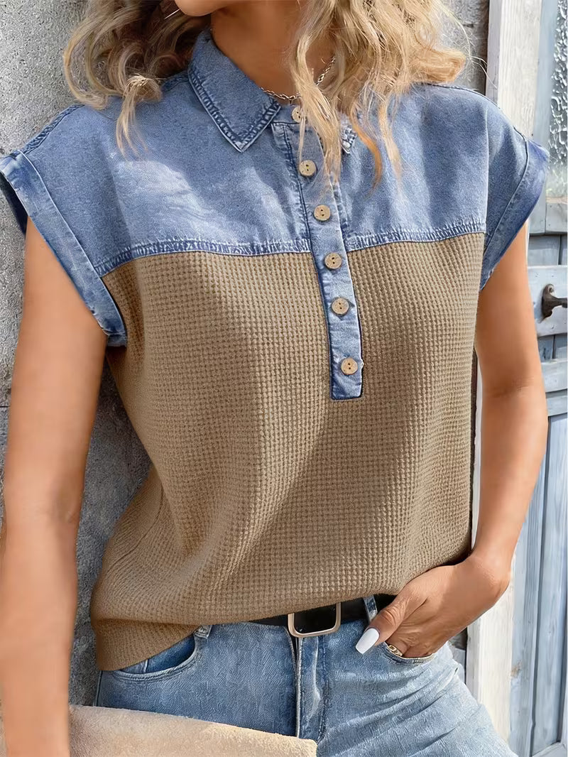 Haily - Top Casual in Denim Con Colletto Patchwork e Maniche Corte