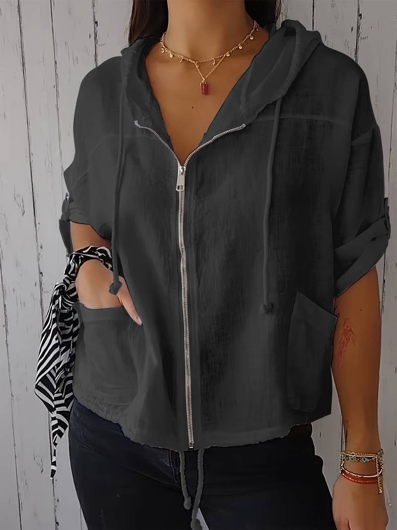 Senushi - Maglia Ampia a Maniche Corte Con Cappuccio e Zip