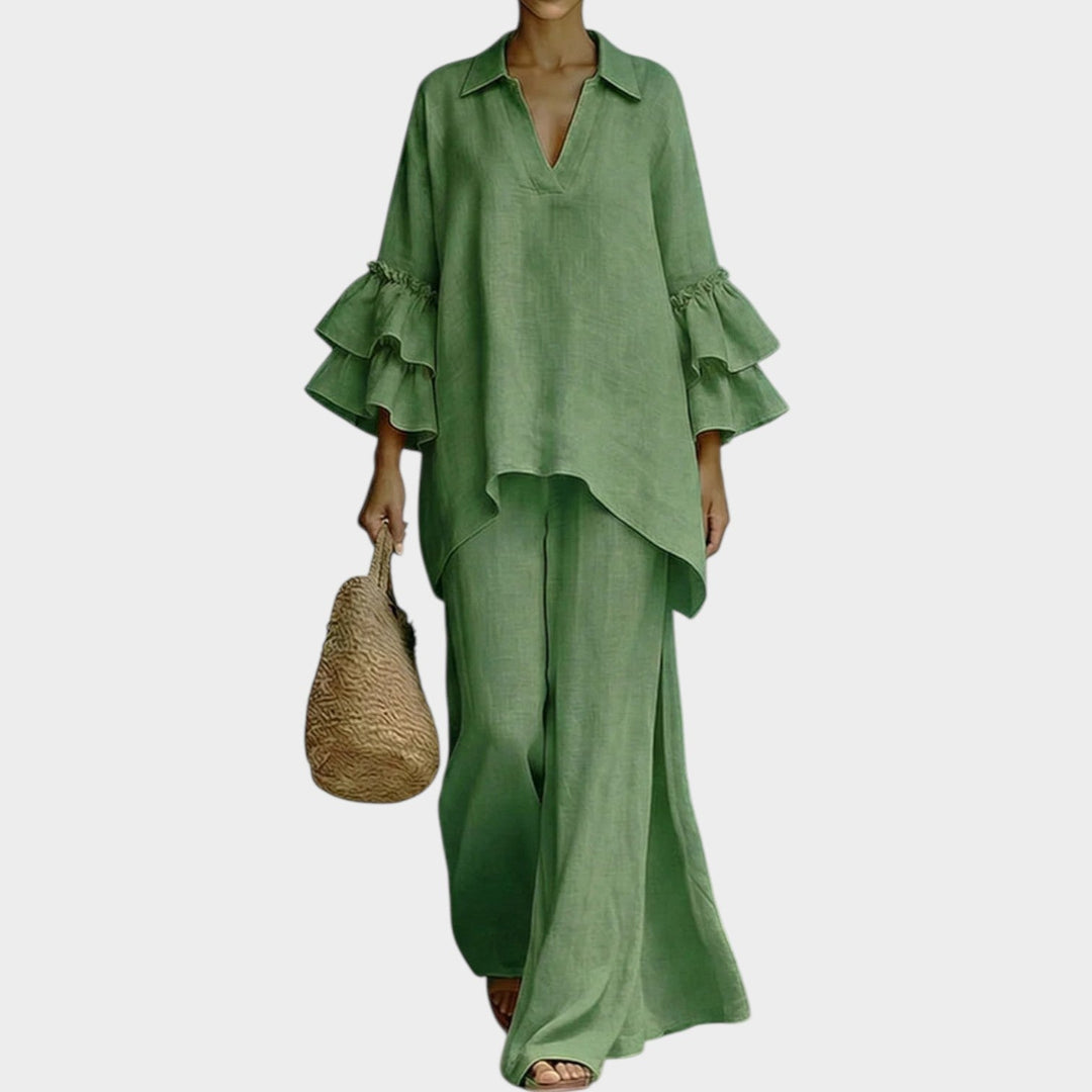 Fien - Elegante Top in Lino E Pantaloni Larghi a Gamba Ampia