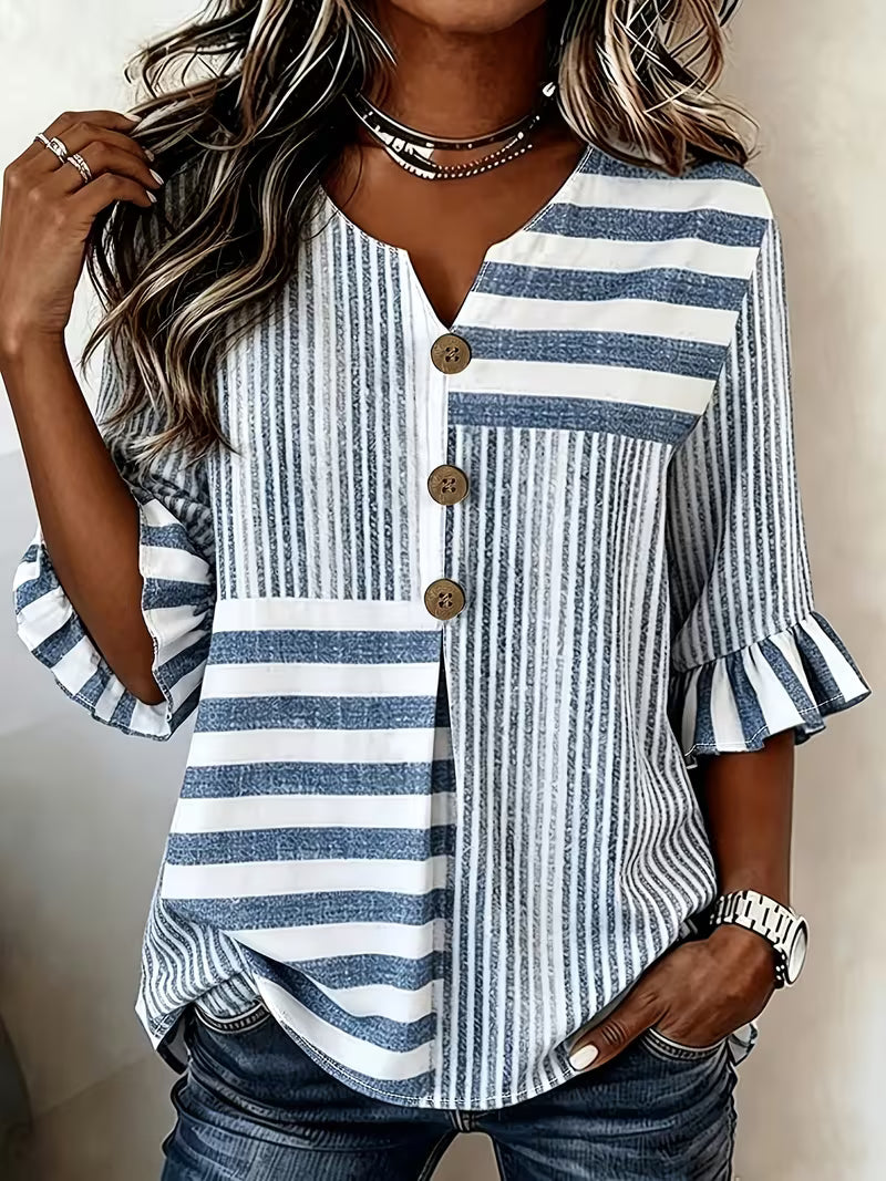 Avyra - Top a Righe Con Maniche a Volant E Bottoni in Stile Patchwork