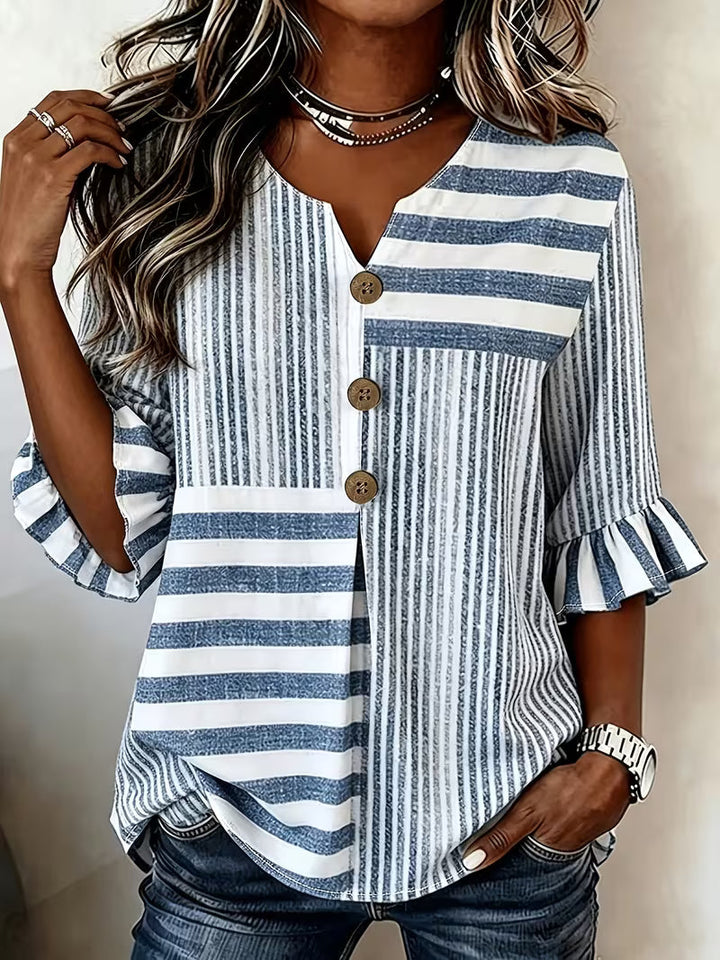 Avyra - Top a Righe Con Maniche a Volant E Bottoni in Stile Patchwork