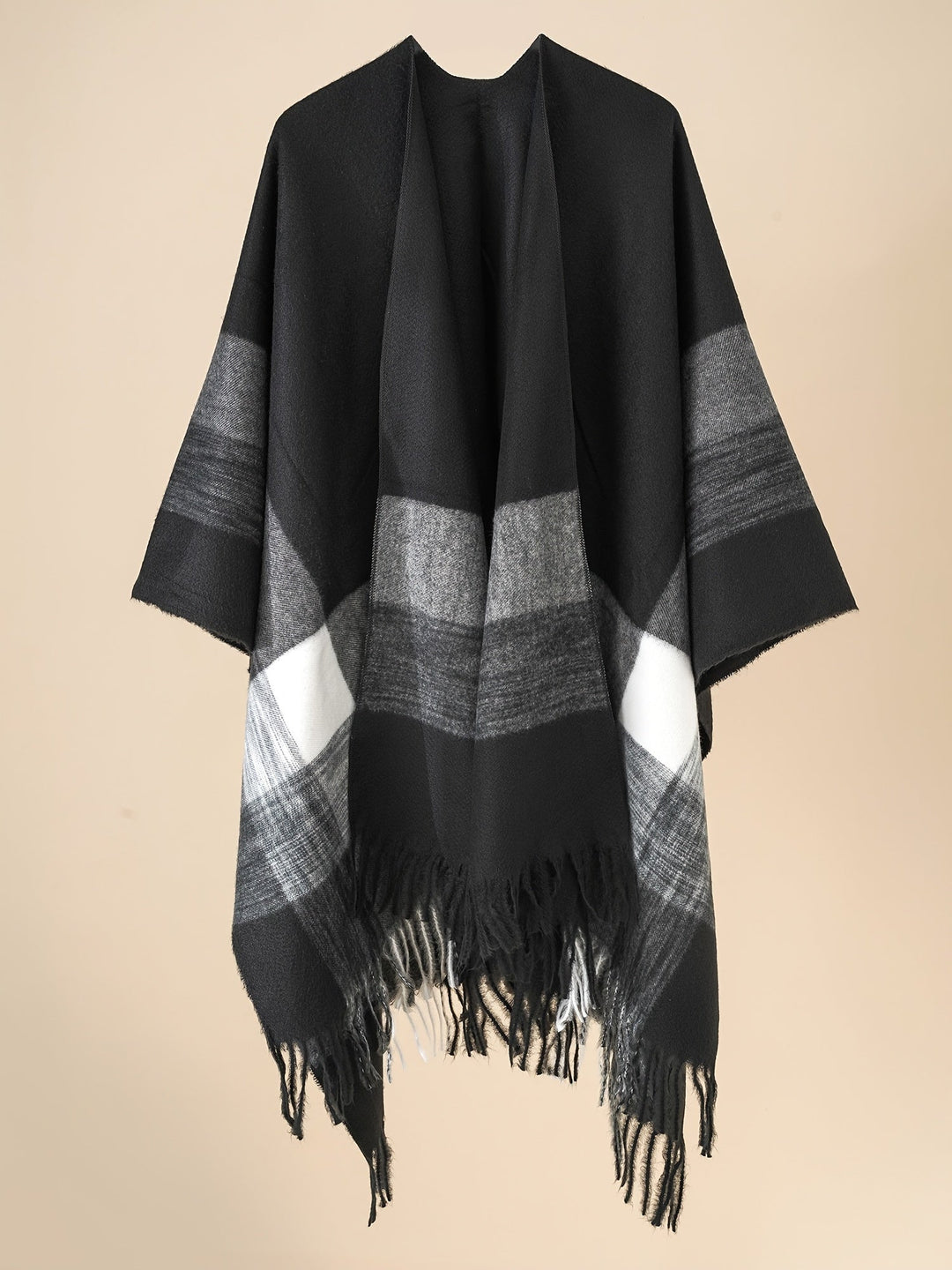 Kyrine - Geometric Pattern Fringed Poncho Shawl Wrap