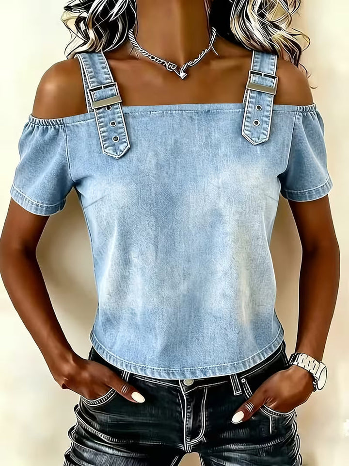Kenya - Top in denim con Spalle Scoperte e Maniche Corte