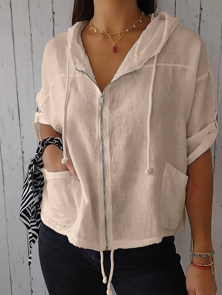 Senushi - Maglia Ampia a Maniche Corte Con Cappuccio e Zip