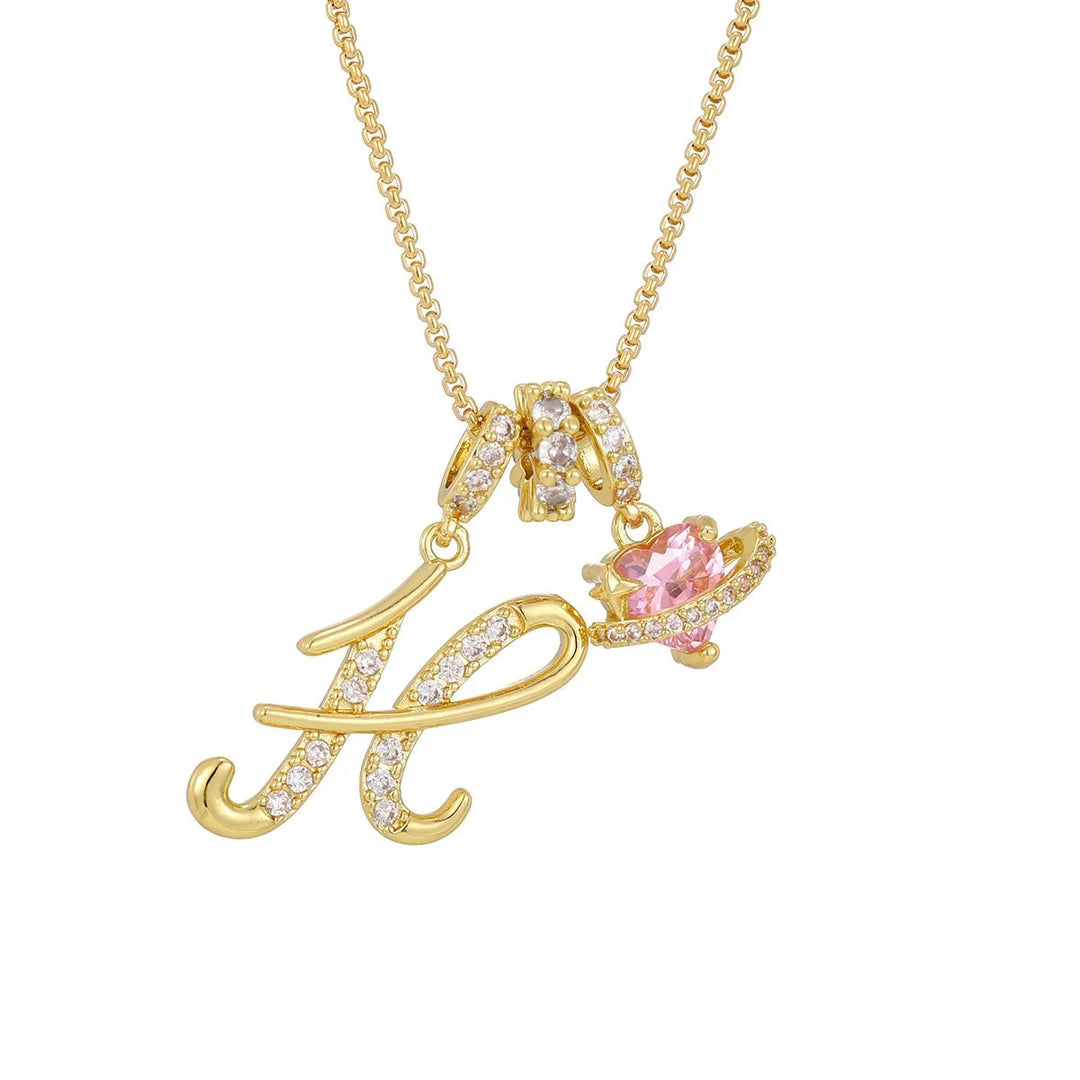 Nerute - Collana Con Iniziale e Ciondolo a Forma di Cuore Rosa