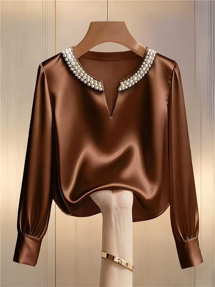 Avinaya - Elegante Camicia a Maniche Lunghe Con Collo Rotondo e Perle
