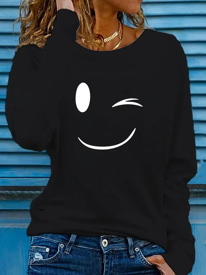 Odalina - Maglietta Informale Con Stampa Occhiolino Sorridente