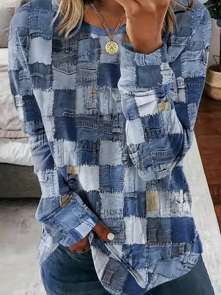 Talya - Top Casual a Maniche Lunghe Con Stampa a Quadri
