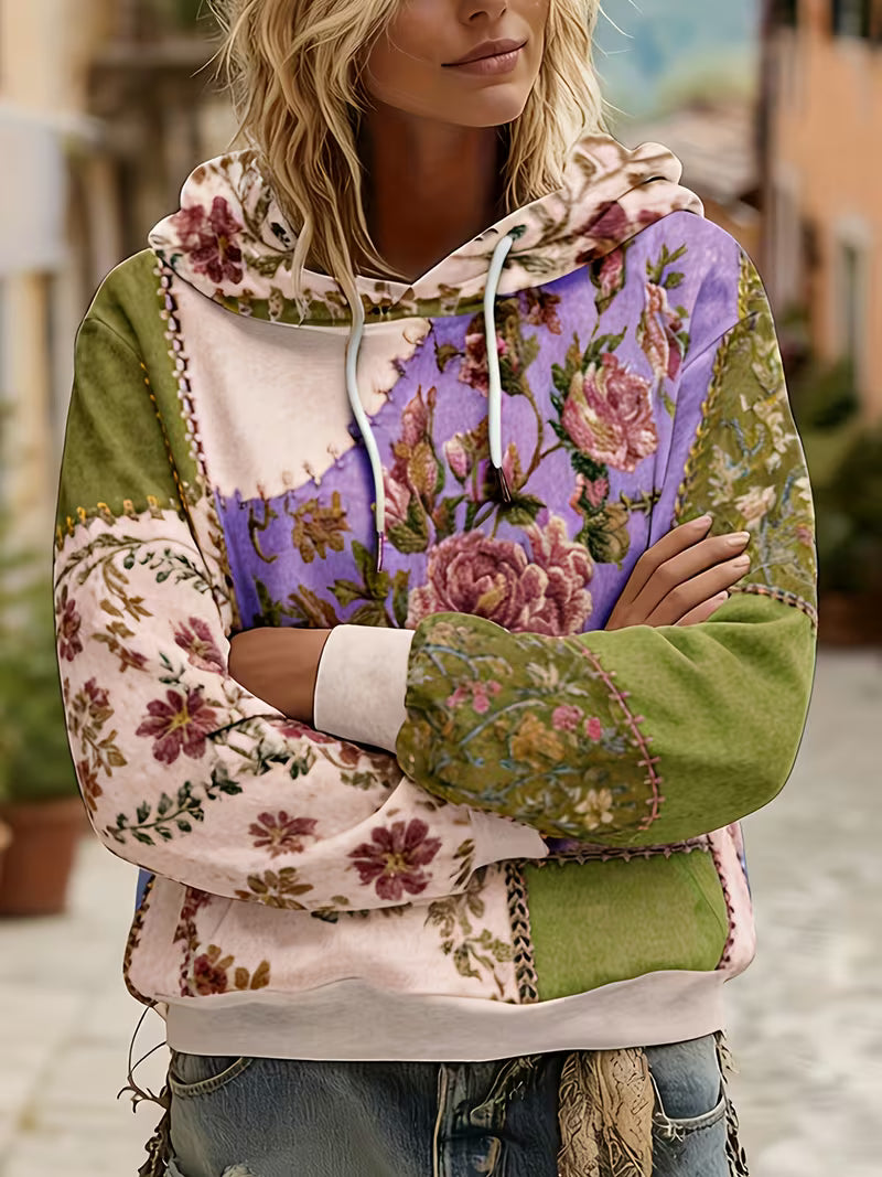 Norella - Felpa Con Cappuccio a Maniche Lunghe in Patchwork Floreale