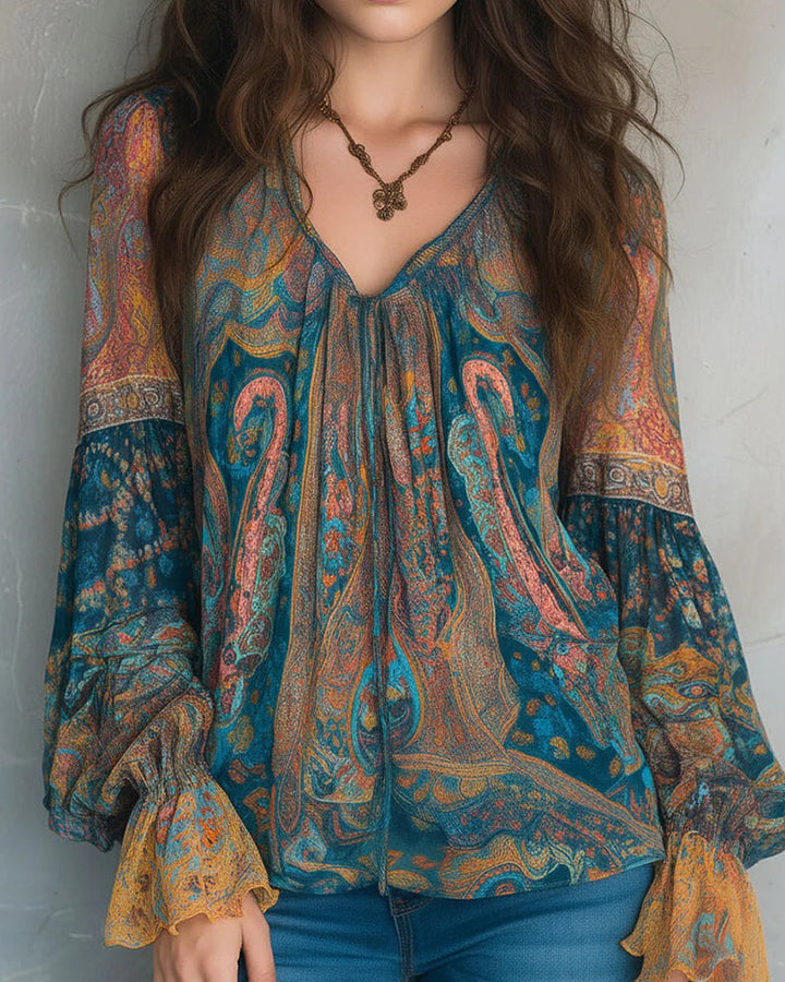 Izabella - Camicetta In Stile Bohémien Con Scollo a V e Maniche Svasate