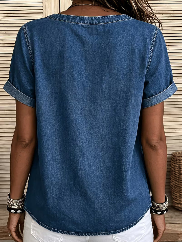Ferina - Top in Denim a Maniche Corte Effetto Consumato
