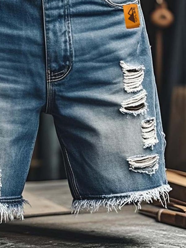 Pantaloncini Funzionali Vintage da Uomo in Denim Strappato