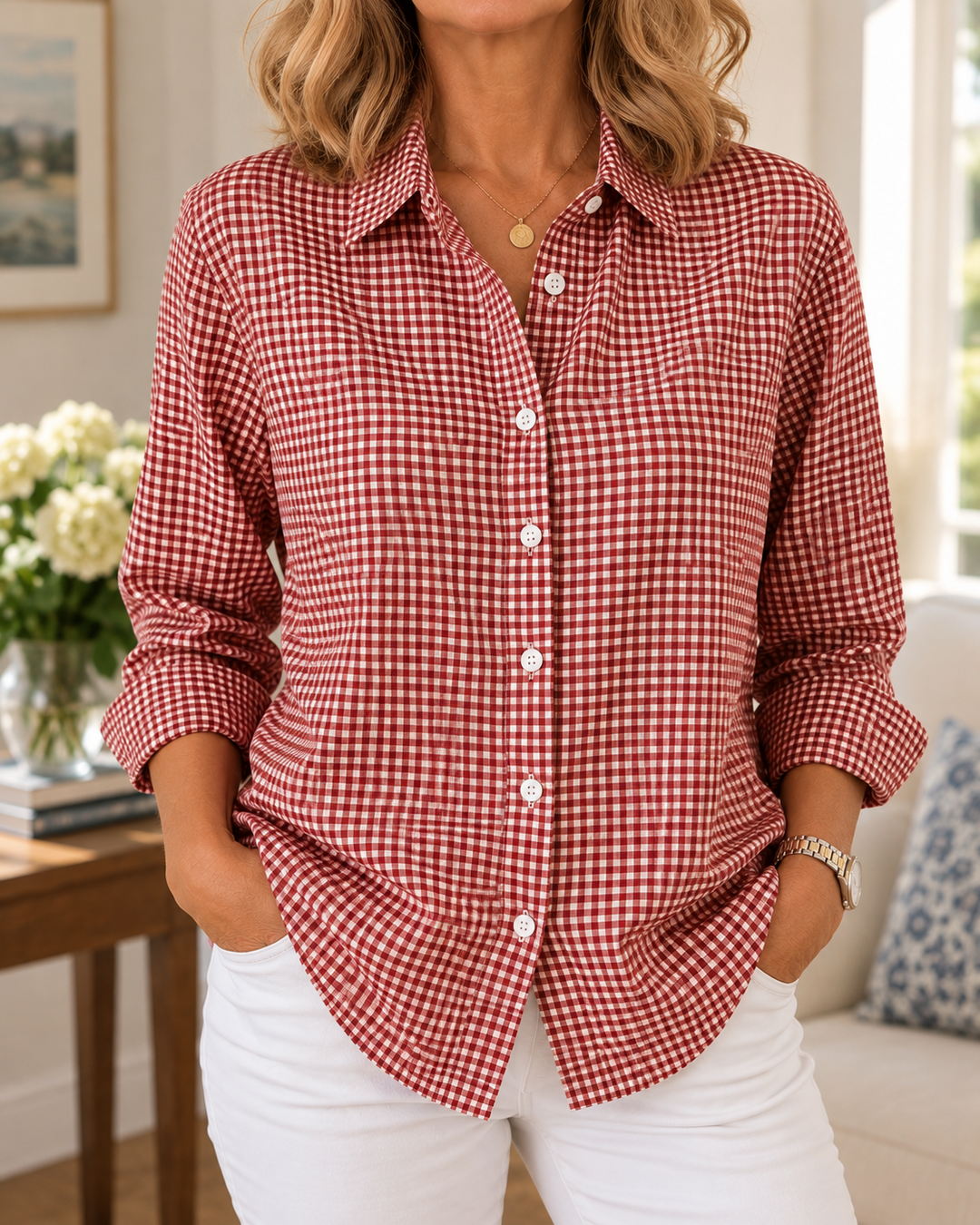 Colien - Camicia a Maniche Lunghe a Quadretti Con Bottoni