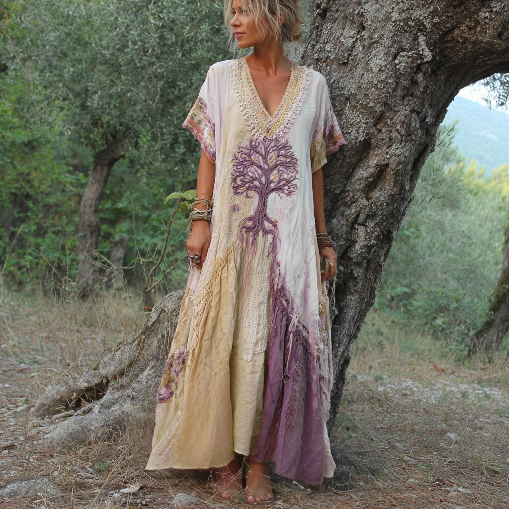 Winifred - Abito a Maniche Corte Con Motivo Alberi Retrò