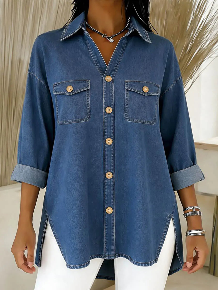 Durcia - Camicia in Denim a Maniche Lunghe Con Revers