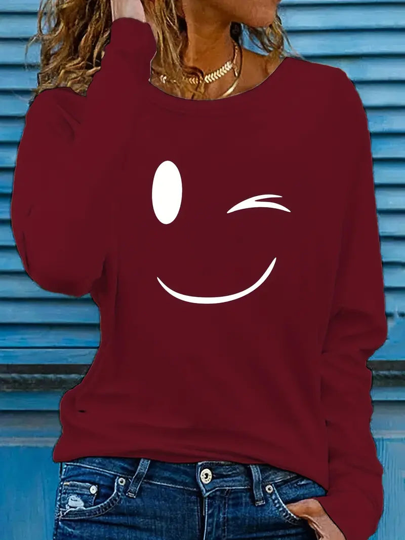 Odalina - Maglietta Informale Con Stampa Occhiolino Sorridente