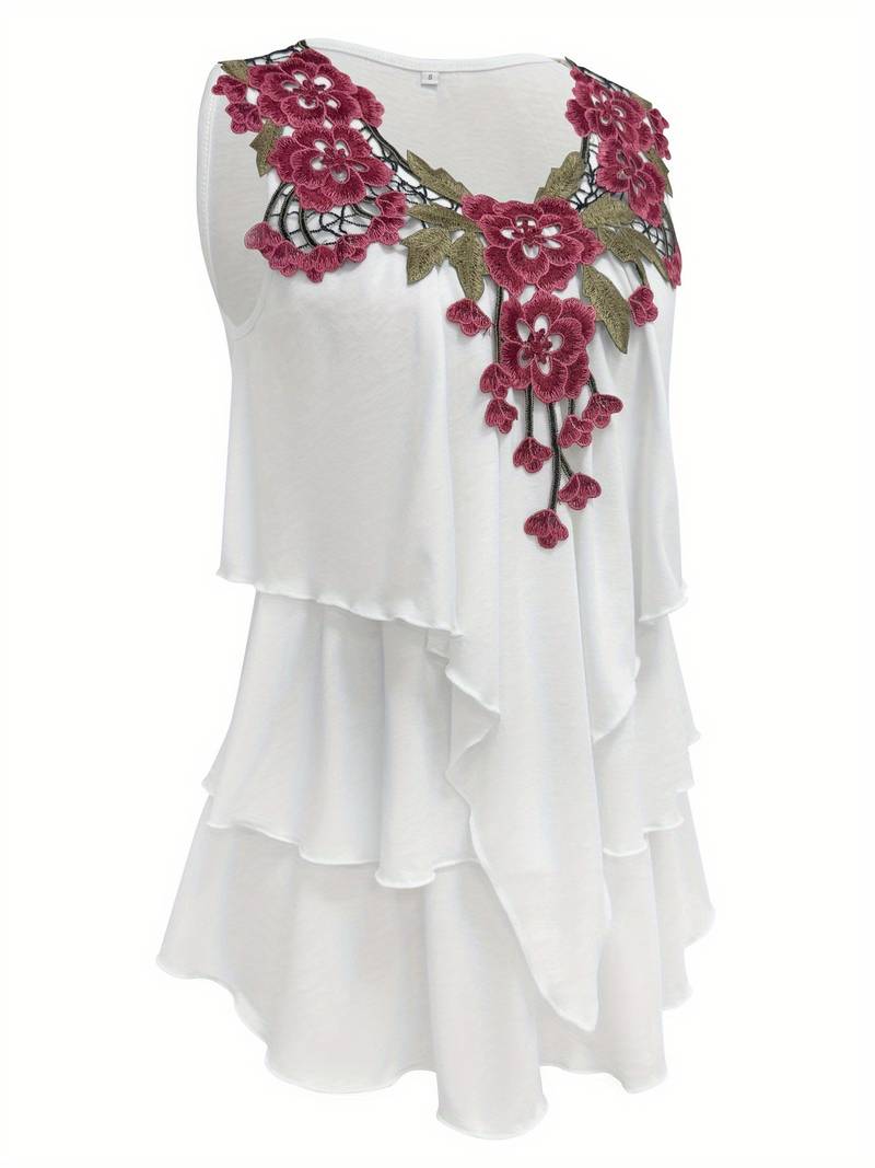 Verunka - Camicetta Estiva Con Scollo a V Pizzo Solubile Patchwork E Volant