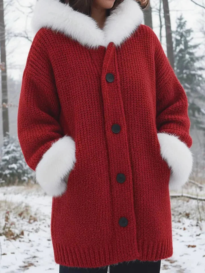 Nodia - Cappotto Con Cappuccio In Maglia Con Bordi In Pelliccia Sintetica