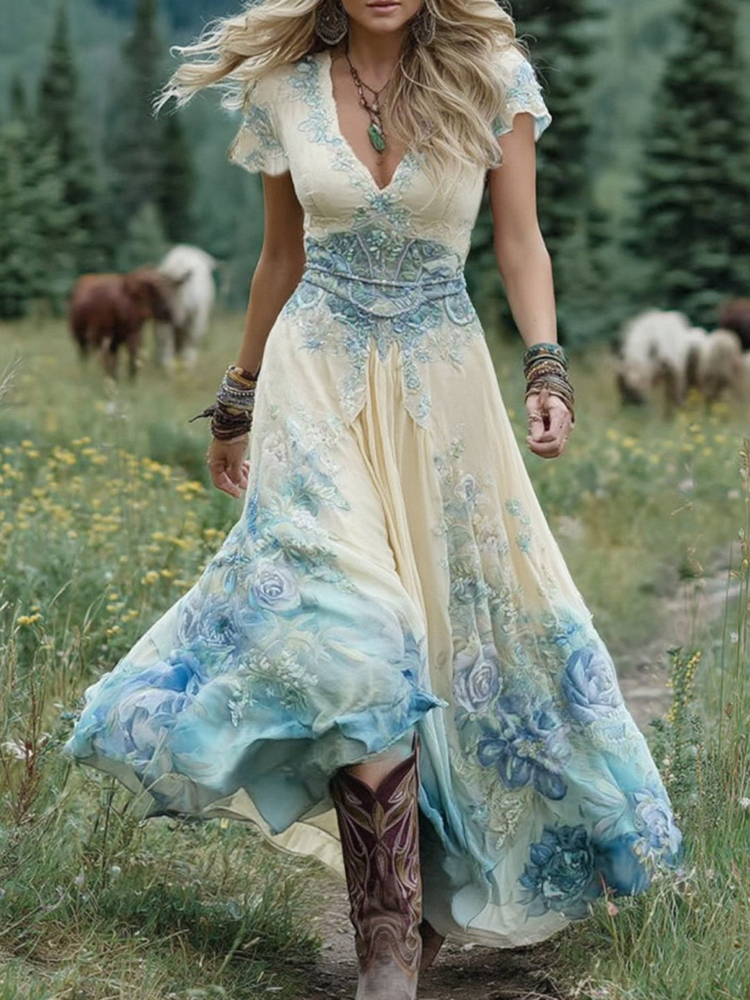 Marcina - Elegante Abito Lungo Con Tonalità Floreali