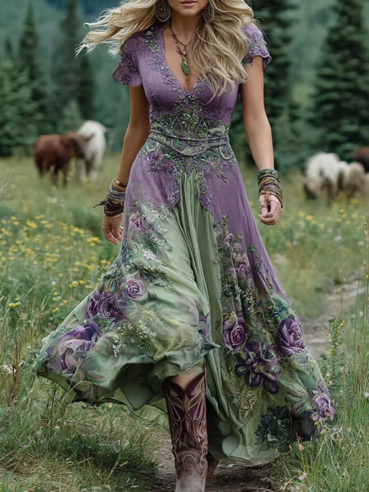 Marcina - Elegante Abito Lungo Con Tonalità Floreali