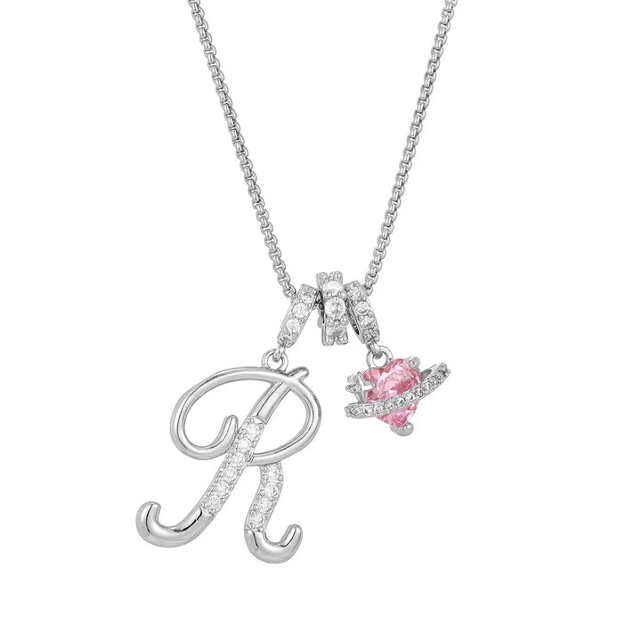 Nerute - Collana Con Iniziale e Ciondolo a Forma di Cuore Rosa