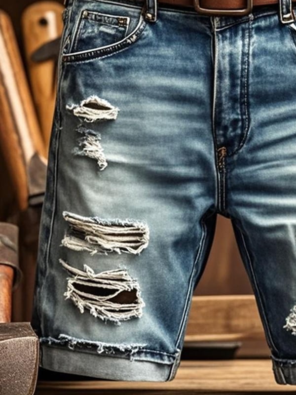 Pantaloncini Funzionali Vintage da Uomo in Denim Strappato