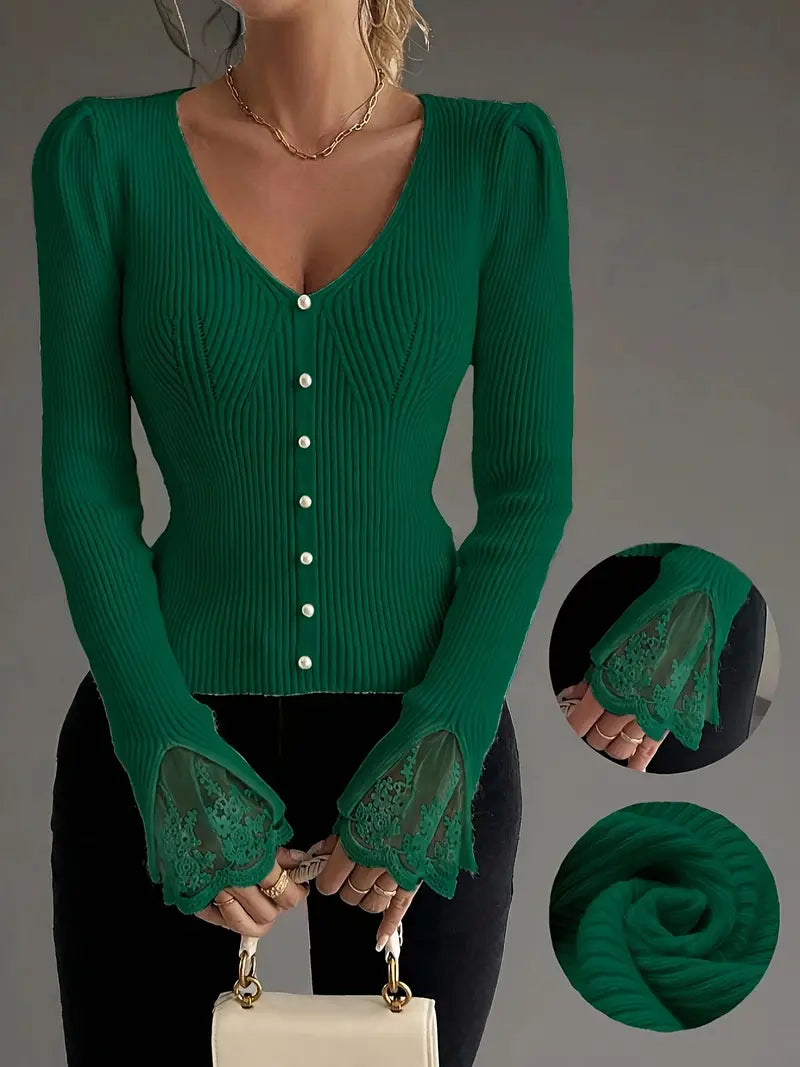 Visenna - Elegante Maglione Con Scollo a V e Maniche in Pizzo