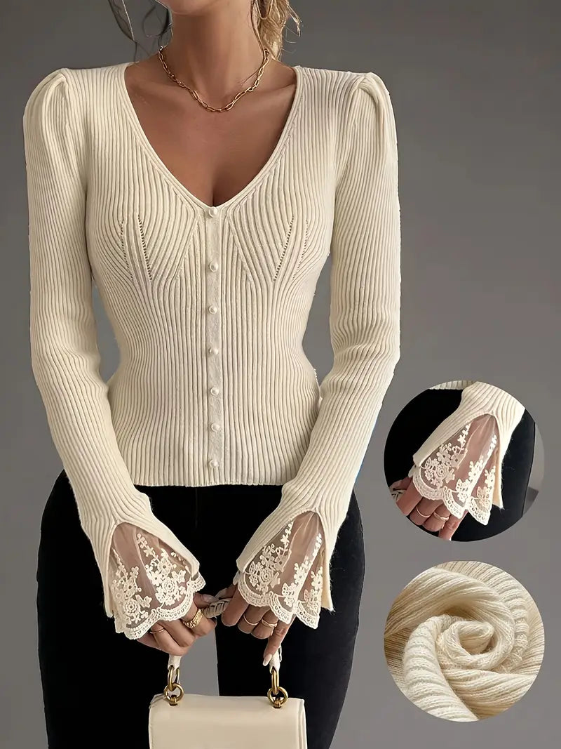 Visenna - Elegante Maglione Con Scollo a V e Maniche in Pizzo
