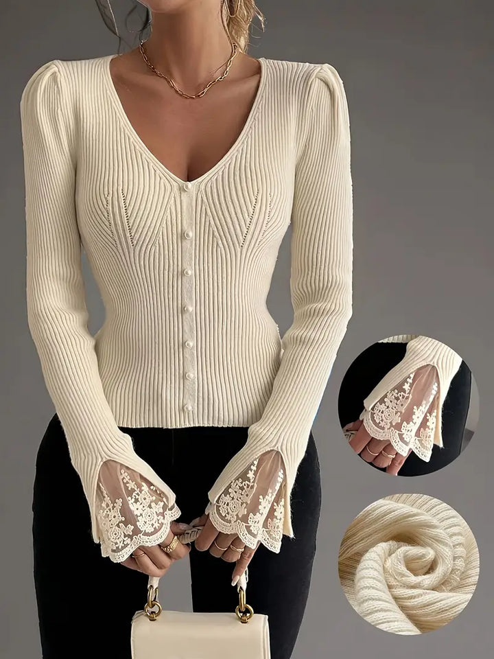 Visenna - Elegante Maglione Con Scollo a V e Maniche in Pizzo