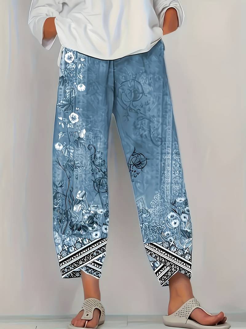 Thimasha - Pantaloni Capri Vintage a Fiori Con Elastico in Vita