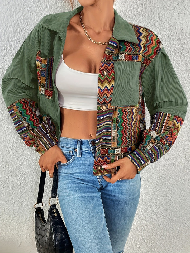 Amelina - Giacca in Velluto a Coste Con Bottoni in Stile Boho Patchwork