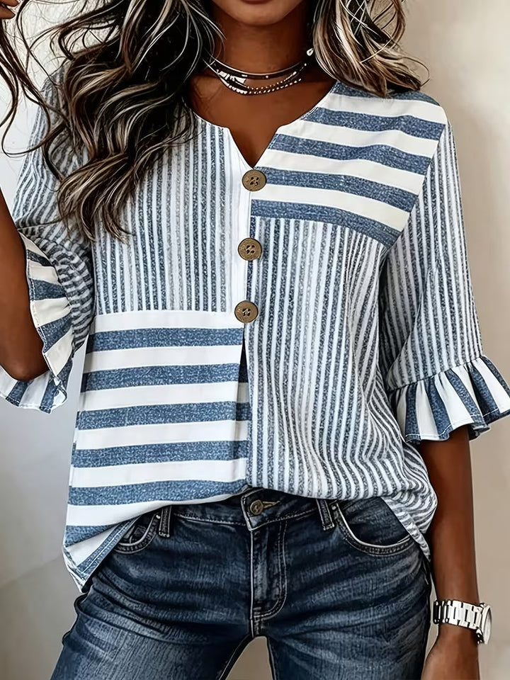 Avyra - Top a Righe Con Maniche a Volant E Bottoni in Stile Patchwork