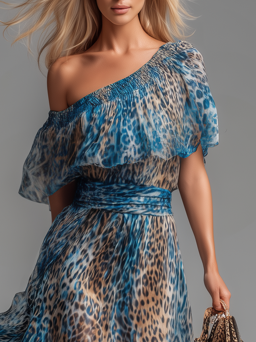 Siania - Abito Con Spalle Scoperte in Chiffon Con Stampa Leopardata