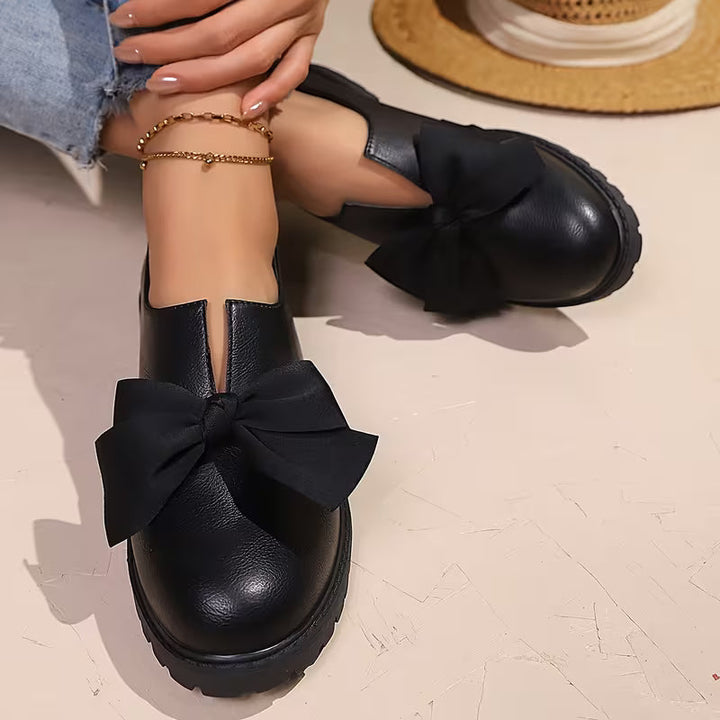 Nargiza - Elegant Bow Accent Round Toe Chunky Sole Loafers