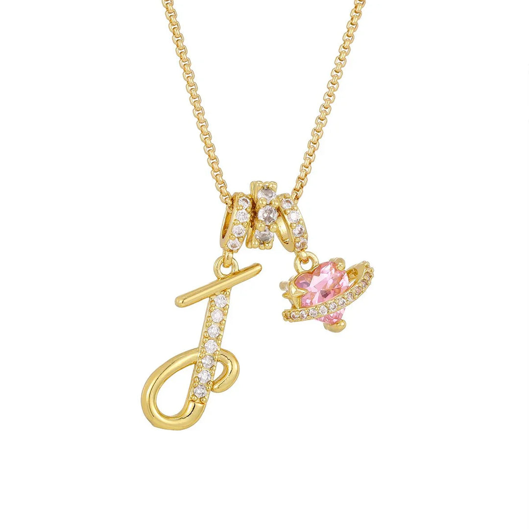 Nerute - Collana Con Iniziale e Ciondolo a Forma di Cuore Rosa