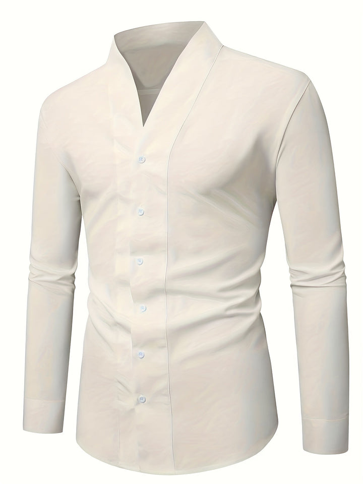 Almasbek - Camicia Slim Fit a Maniche Lunghe Con Scollo a V
