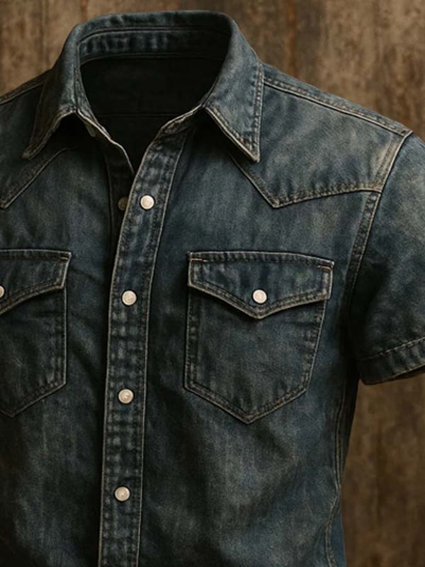 Camicia Vintage Da Uomo In Twill Con Due Tsche e Maniche Corte Dall'Effetto Usato