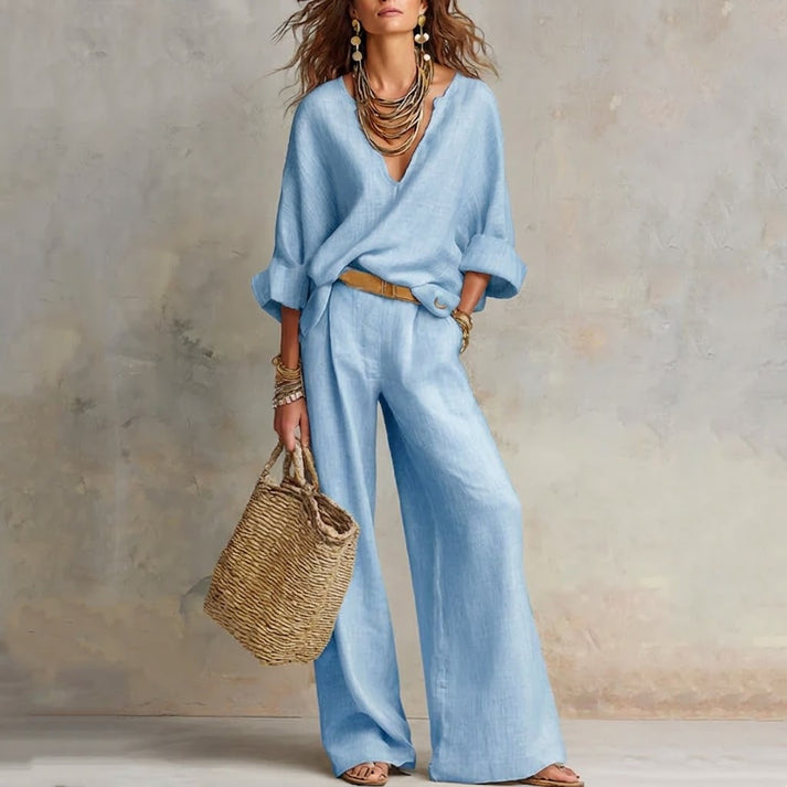 Ilaina - Set Composto Da Top Von Scollo a V e Pantaloni a Gamba Larga
