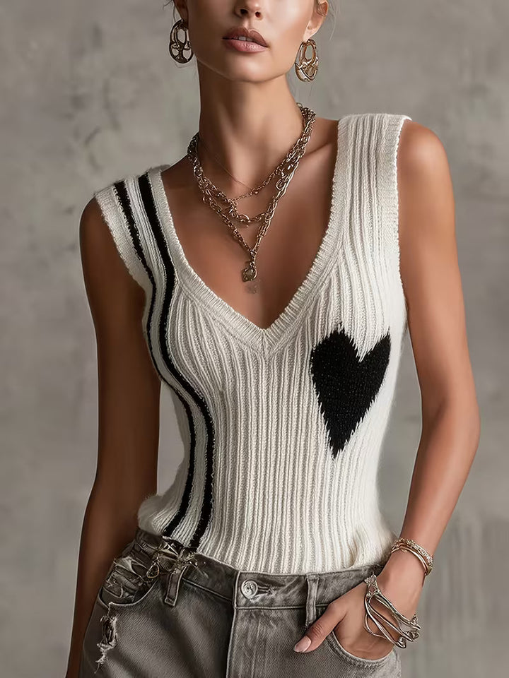 Sutchai - Gilet senza maniche con Motivo Jacquard a Cuori in Contrasto