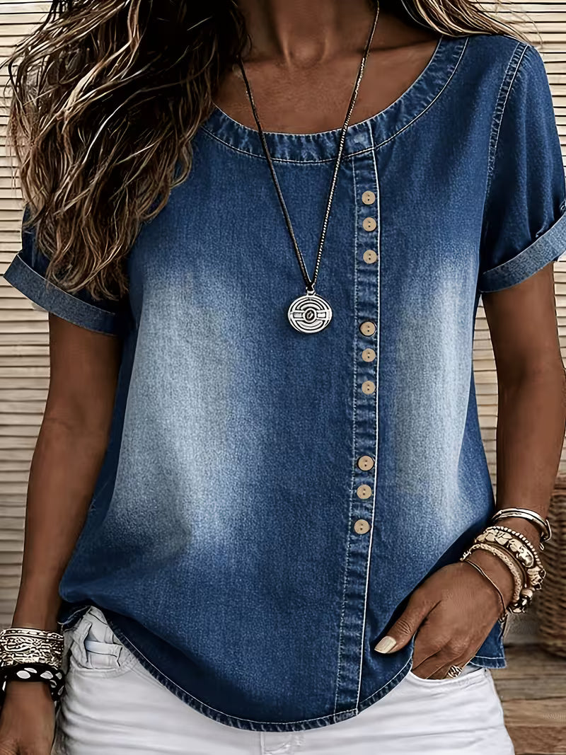 Ferina - Top in Denim a Maniche Corte Effetto Consumato