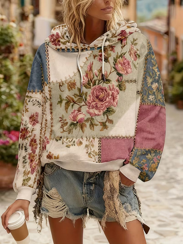 Norella - Felpa Con Cappuccio a Maniche Lunghe in Patchwork Floreale