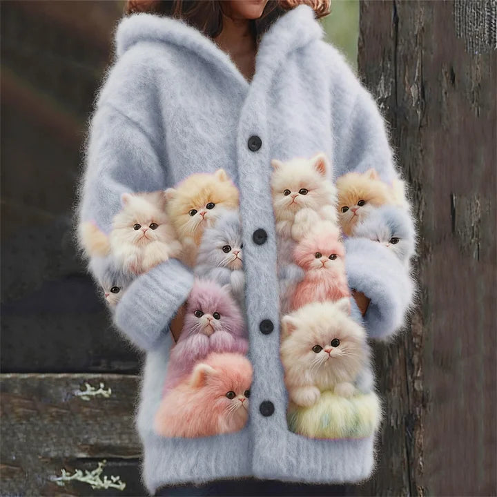 Kelsie - Cardigan Morbido con Cappuccio e Gatti