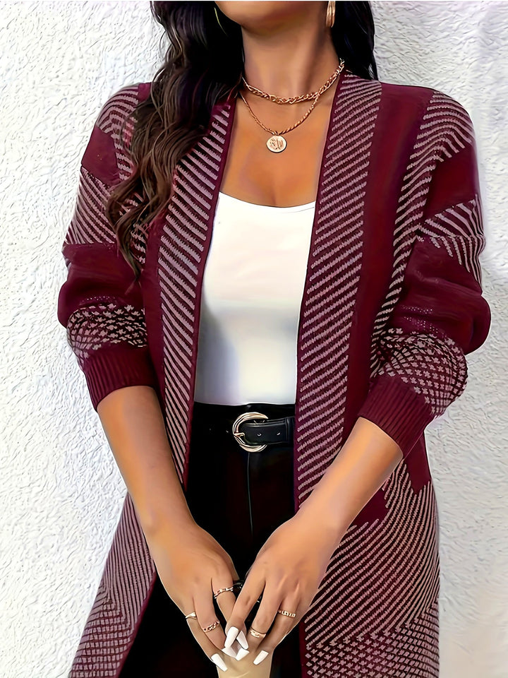 Zhamilya - Cardigan Con Davanti Aperto in Maglia Geometrica a Filetti Lunghi