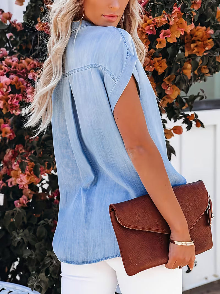 Kader - Camicia in Denim a Maniche Corte Con Bottoni, Dal Taglio Comodo